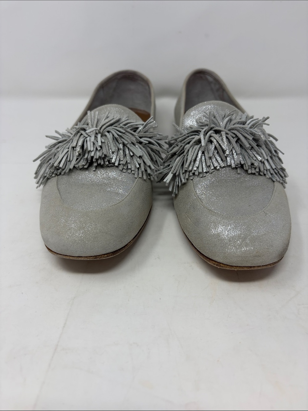 Aquazzura Firenze Silver Fringe Suede Loafers Size 11